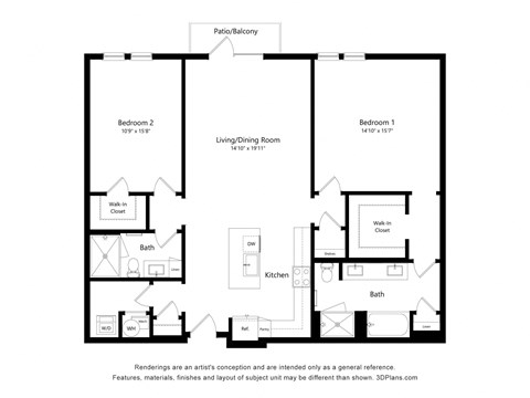 Floor plan for 2 beds, 2 baths, 1409 sqft